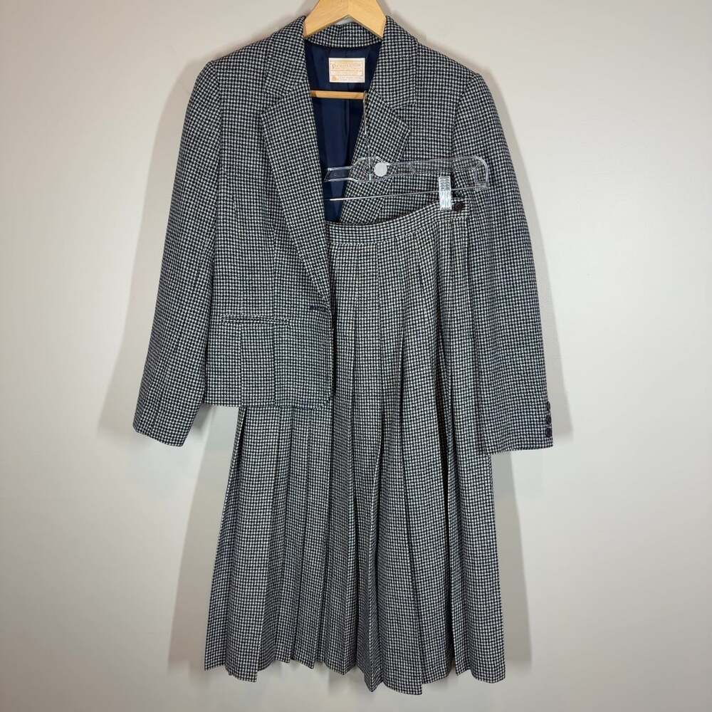 Vintage Pendleton Wool Skirt Suit Houndstooth Blazer Pleated Size 6